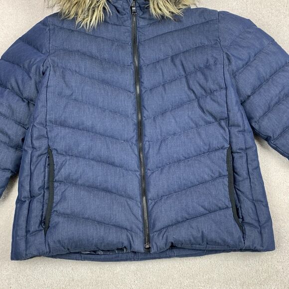Gap Outdoor Edition Womens M Blue Chambray Down Fill Puffer Coat Faux Fur Hood - Picture 4 of 13
